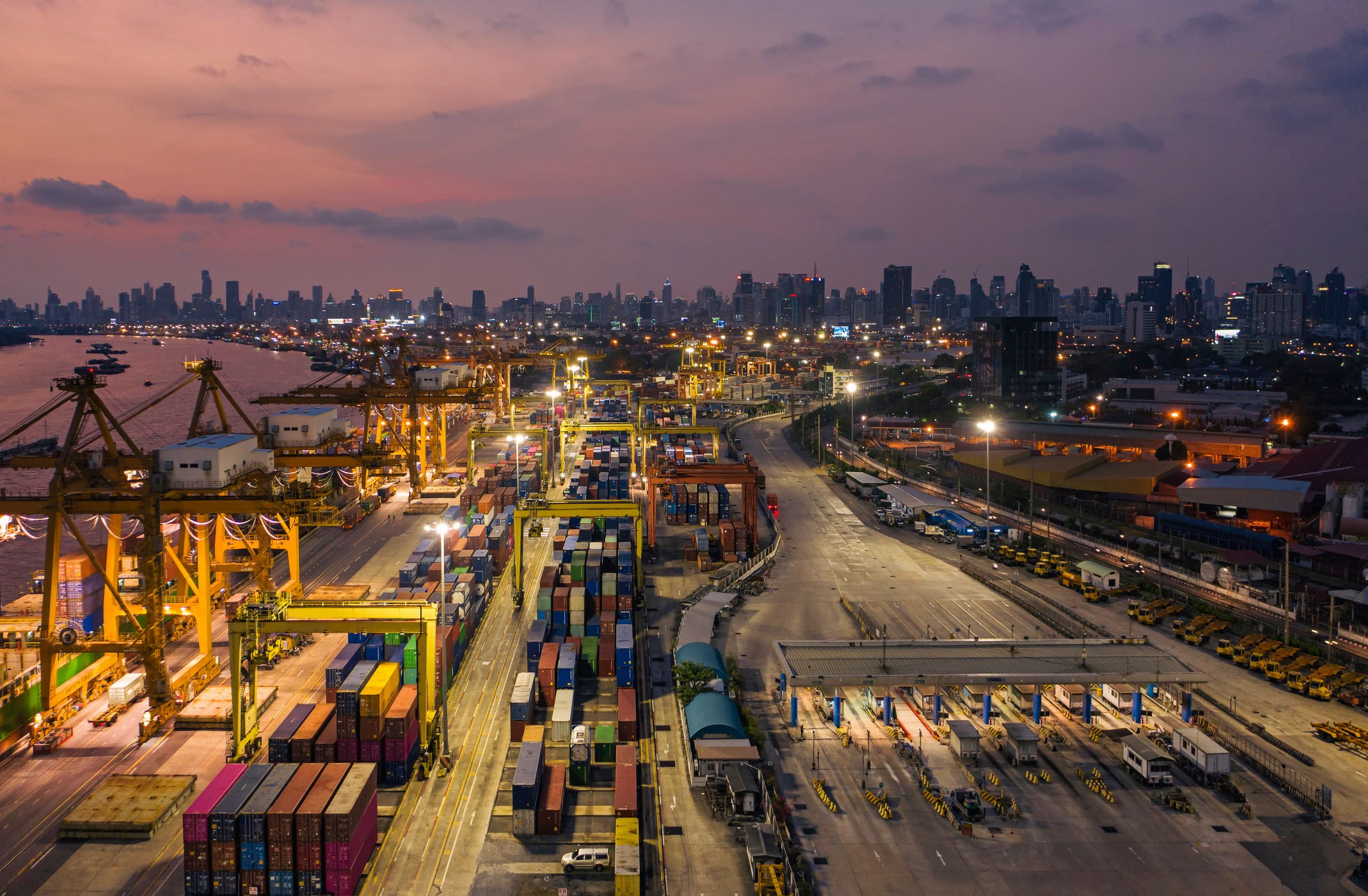 A bustling cityscape at dusk.