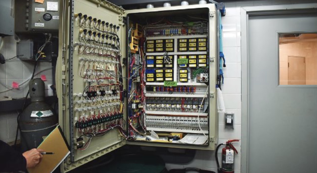 A panel of complex circuitry.