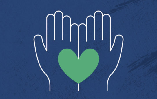 A graphic of hands holding a green heart for International Day of Charity