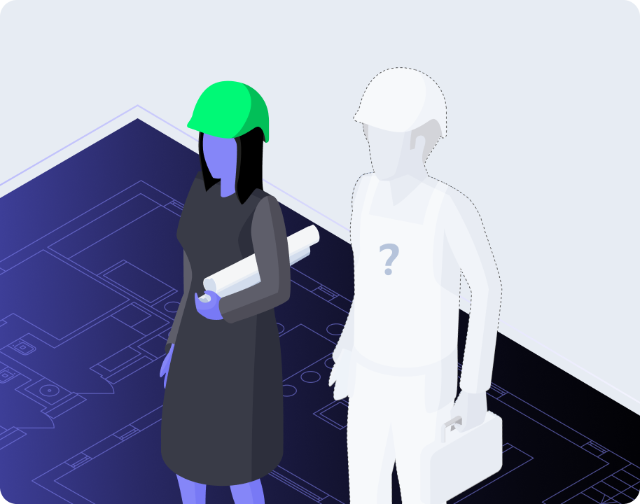 A male and female character on a construction site blueprint.