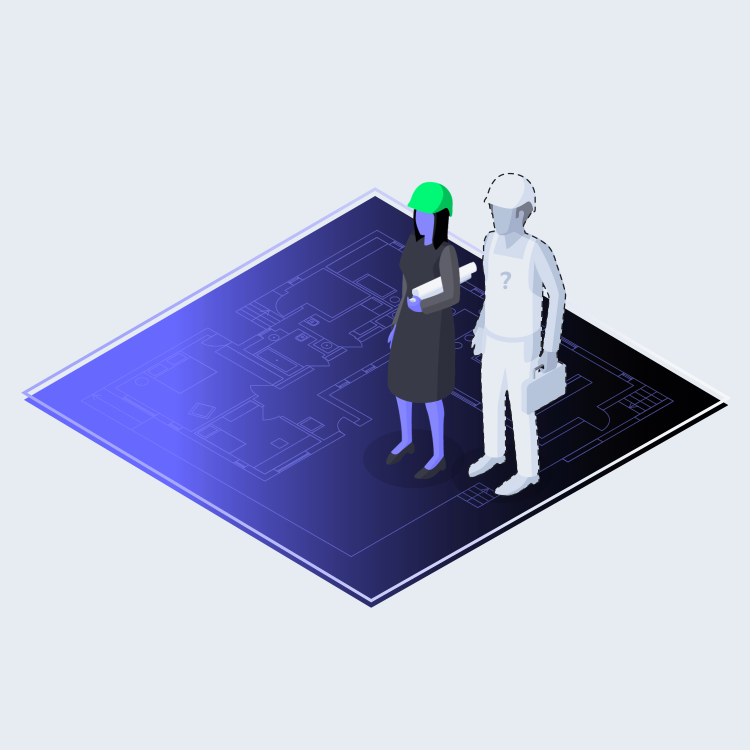 A male and female character standing on an architectural blueprint.