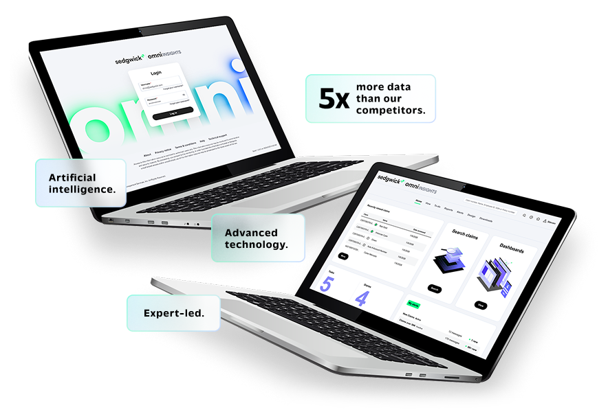 Interface da plataforma digital de sinistros Sedgwick Omni apresentada em vários ecrãs de computador portátil