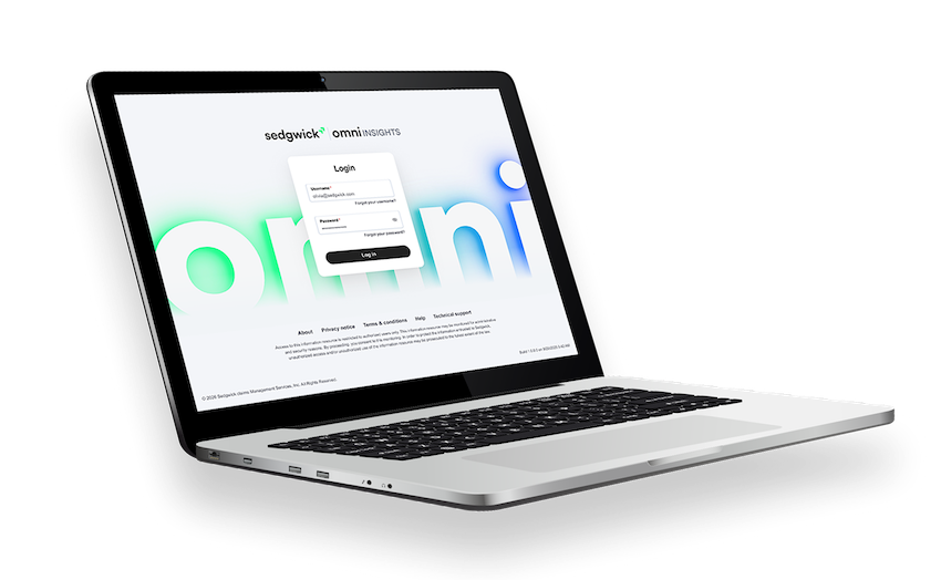 Interface da plataforma digital de sinistros Sedgwick Omni apresentada em vários ecrãs de computador portátil