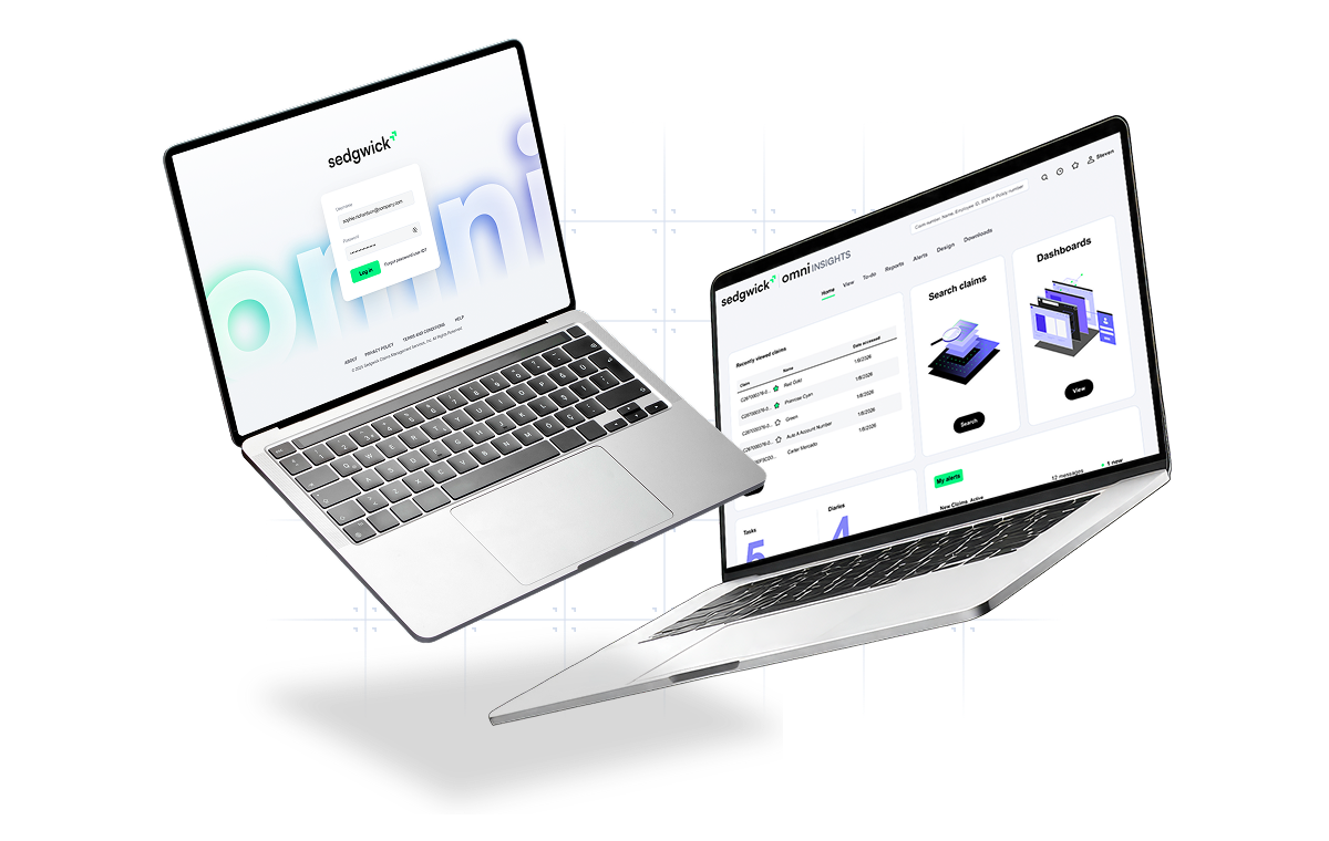 Interfaces das plataformas OmniAnalyst e OmniInsights exibidas nos ecrãs dos computadores portáteis